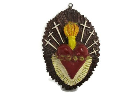 Small Wall Hanging Vintage Plaster Holy Sacred Heart Virgin Our Lady of Sorrows