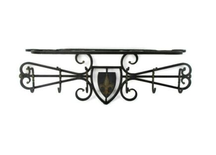 Antique French Wrought Iron Coat Hat Wall Rack Gothic Fleur de Lis Lys Shield
