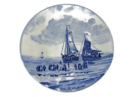 Boch Delft Blue Hand Painted Wall Charger Plate Blue White Boats Seaside after Mesdag Marked