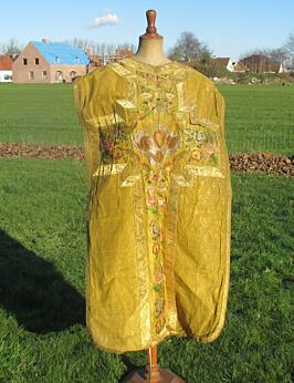 Antique Gold Colored Chasuble Casula Tunicle Authentic Catholic Embroidery