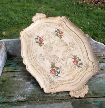 Italian Mid Century Hollywood Regency Florentine White Serving Tray gold gilt