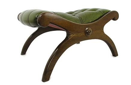Chesterfield  Footstool Ottoman Wooden Legs Green Leather Top Hobnails Gorgeous