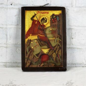 Religious Romanian Icon Saint George slaying the Dragon Painted on Wood