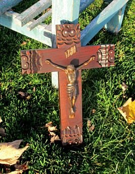 Gorgeous Carved Wood Hanging Crucifix Cross Copper Ornate 14.29"