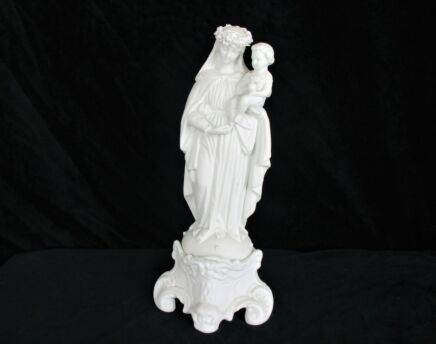 Antique French Bisque Porcelain Statue Virgin Our Lady Mary with Infant Jesus Flower Wreath Garland Exquisite 12.2"