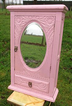 Vintage Medicine Wooden Pink Bathroom Cabinet beveled Glass Mirror Carved Wood Apothecary