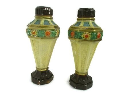 Couple Pair Art Deco Plaster hand painted vases Urn Decorative
