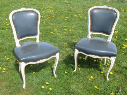 Antique Louis XV Pair French Chairs Authentic Blue White Painted Carved Wood