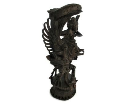 Vintage Indonesian Asian Statue Sculpture Vishnu riding Garuda Bird  Figurine Hand Made Carved Wood