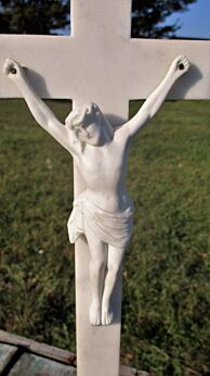 Antique Standing Crucifix Ceramic Corpus Christ White Brown Onyx Marble
