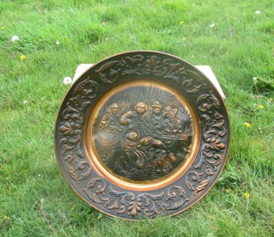 Large Vintage Red Copper Wall Plate Decorative Rembrandt style Handmade 23.23"
