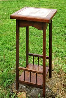 Vintage wood Pedestal Display Table Plant Stand Tile Victorian scene 25.59"