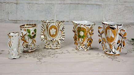 Lovely set of 5 mini Antique French Vieux Paris Porcelain Fan Flair Bridal Vases