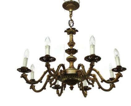 Brass 8 Arms Lights Chandelier Lamp Ornate Etched Hollywood regency Vintage
