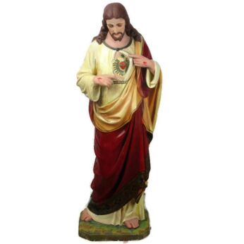 Large Antique 1900 Altar Statue Jesus Christ Sacred Heart Polychrome 41.73""