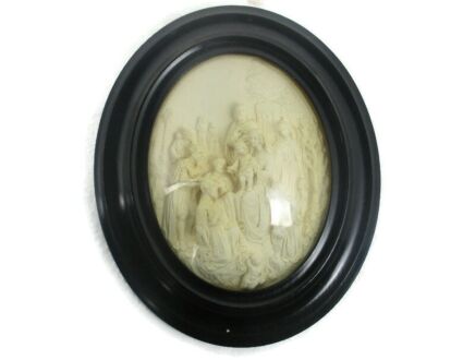 Antique Oval Ornate Wooden Frame  Convex Glass Dome Jesus Christ Adoration of the Child