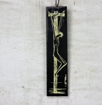 Modernist Ceramic Black Tile Wall Hanging Small Jesus Christ Crucifix Mettlach