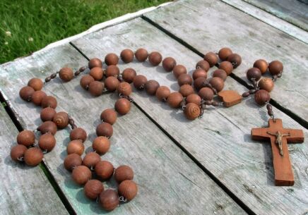 Large Wooden Vintage Rosary Carved Wood Beads Wall Hanging Lovely Priest Nun