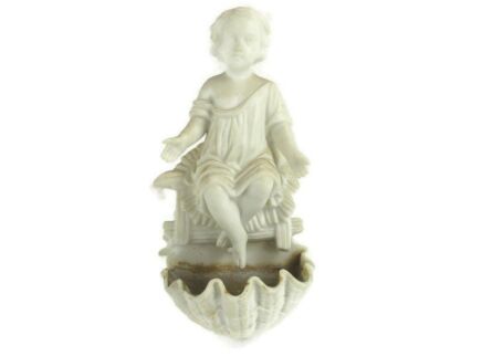 French Holy Water Font Child  Hand Painted Bisque Porcelain Collector HTF 8.46"