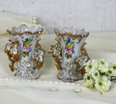 Miniature Couple Antique Vieux Paris Porcelain Fan Flair Bridal Vases Beautiful