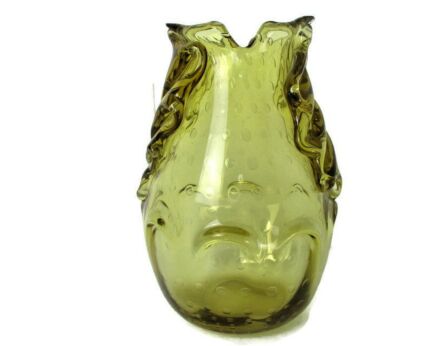 Murano Style Art Glass Italian Vase Large Vintage Amber Brown Colored Leafs Gorgeous hand Blown