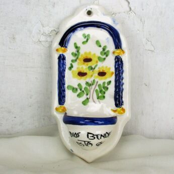 Spanish Holy Water Font Pottery Lord Bless this House Dios Bendiga esta Casa