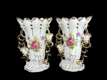 Pair Couple Vintage Porcelain Fan Flair Vases Flower Motif Beautiful Decorative 9.64"