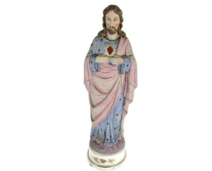 Vintage Statue Bisque Porcelain Jesus Christ Saviour Holy Sacred Heart Polychrome 12.2"