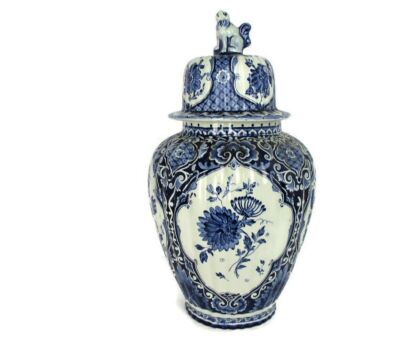 Large Royal Sphinx Maastricht Delft Vase Urn Marked Blue White Foo Dog 18.11"