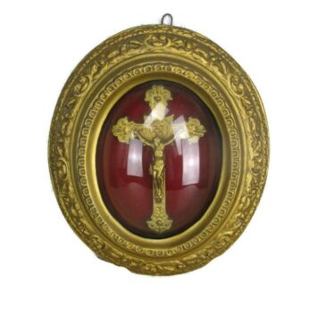 Small Oval Ornate Wood Frame Red Velvet Convex Glass Christ Crucifix HTF