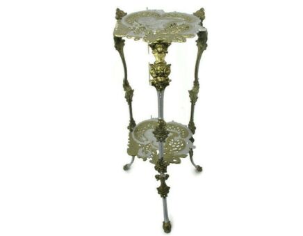 Ornate French Brass Pedestal Table Plant Stand 2 Tier Hollywood Regency Two Toned Putti Angel Faces