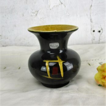 Vintage Small German Heinrich Vase Sweet Black Abstract Yellow Lines Germany