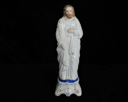 Antique French Statue Bisque Porcelain Jesus Christ Saviour Blue Sweet Marked 8.46"