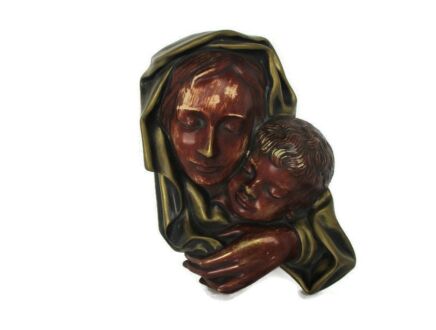Wall Plaque Virgin Mary Madonna Holy Mother Infant Jesus Polychrome Terra cotta Achatit Germany