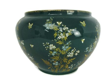 Large Planter Pottery Faience de Nimy Majolica enamel Flowers Antique Gorgeous Belgium