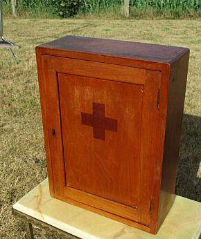 Vintage French Wood Medicine Wall Cabinet Apothecary Cross Authentic