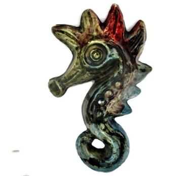 Small Seahorse Hippocampe Modernist Ceramic Wall Plaque Polychrome