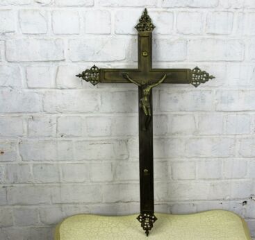Large French Ornate Hanging Procession Crucifix Cross Brass Jesus Christ 27.55"