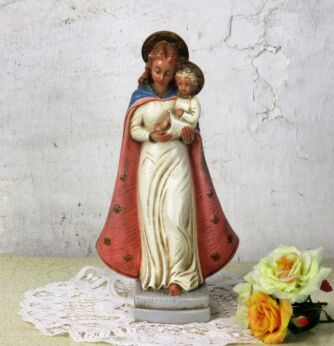 Art Deco French Statue Plaster HTF Virgin Mary Infant Jesus Signed Fiocchi