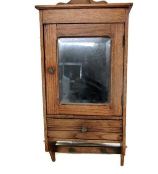 Vintage hand Carved Oak Medicine Kitchen Wall Cabinet Apothecary Beveled Glass