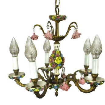 Italian Ornate Chandelier 5 arm Brass Porcelain Roses Flowers Hollywood regency