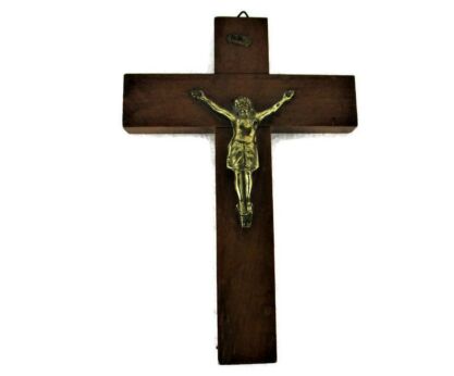 Small Vintage Brass Corpus Wooden Cross  Wall  Hanging Crucifix Jesus Christ  8.66"