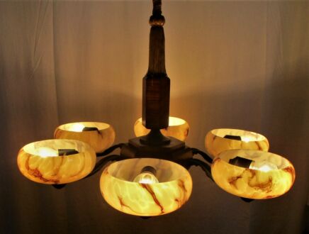 Architectural Art Deco lounge Chandelier 5 Marbled Molded Opaque Shades HTF WOW