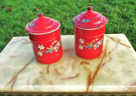 Vintage Tin Enamel red  Pots Boxes with Flower Design Toleware Retro Edelweiss