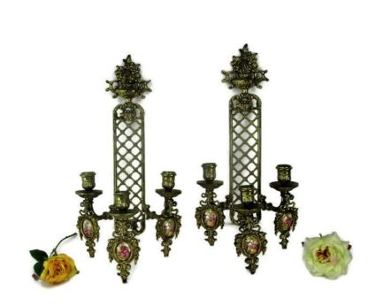 Pair French Brass Triple Wall Sconces Candelabras Victorian era Limoges Sevres