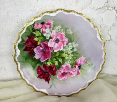 French Limoges Marked Dish Centerpiece Scalloped Gold Rim Gorgeous Flowers