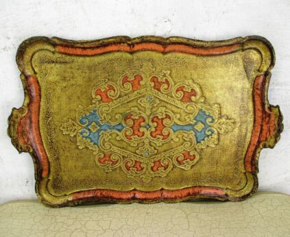 Mid Century Italy Hollywood Regency Florentine Wood Serving Tray Pink Gold Gilt