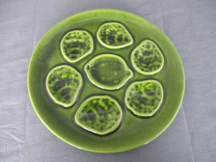 French Oyster Plate Faience Ceramic Majolica 1950s Vintage Green Seafood