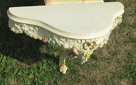 Hollywood Regency French Provincial White Crackeled Shelf Board Flowers