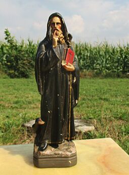 Vintage Statuette Figurine St Saint Benedict of Nursia Raven Chalk Plaster